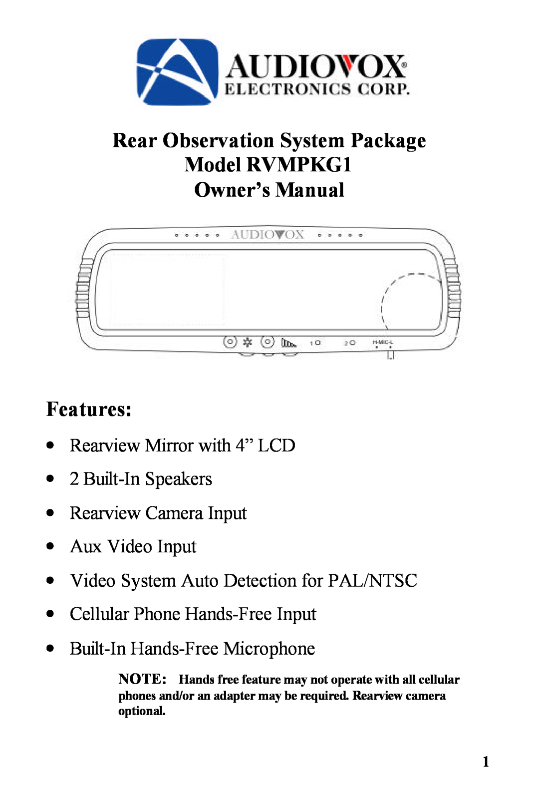 Audiovox owner manual Rear Observation System Package Model RVMPKG1 Owner’s Manual Features 