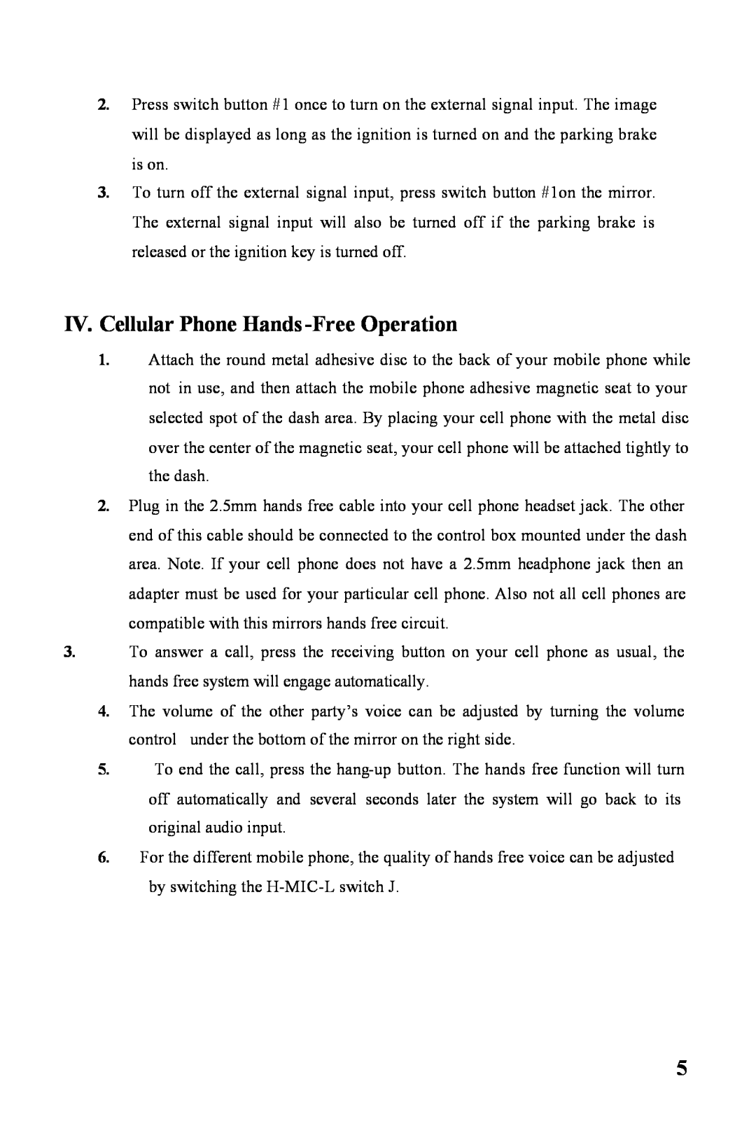 Audiovox RVMPKG1 owner manual IV. Cellular Phone Hands -Free Operation 