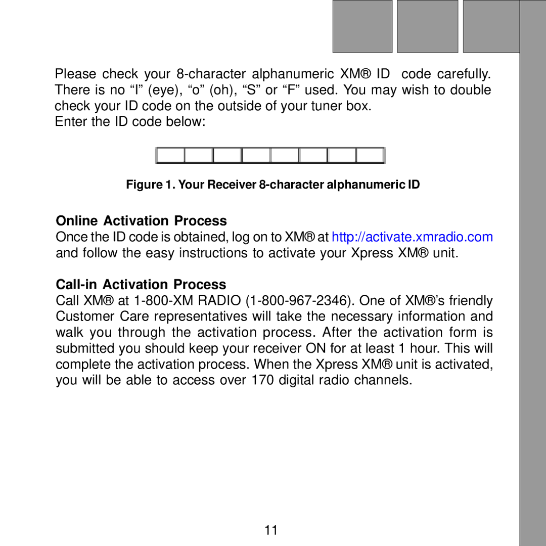 Audiovox Satellite Radio Receiver manual Online Activation Process Call-in Activation Process 