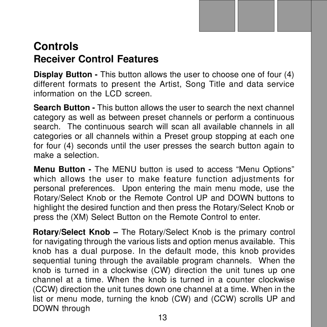 Audiovox Satellite Radio Receiver manual Controls, Receiver Control Features 