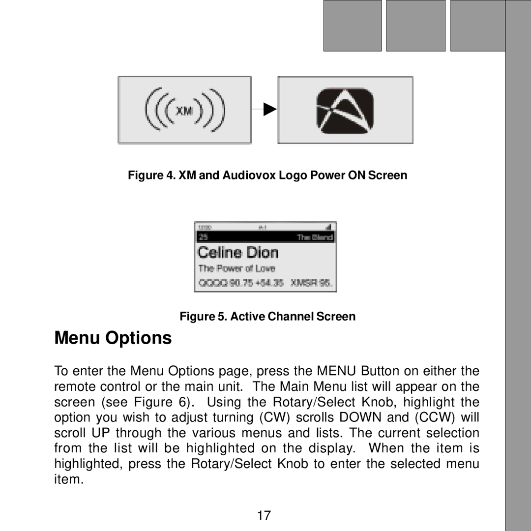 Audiovox Satellite Radio Receiver manual Menu Options, XM and Audiovox Logo Power on Screen 