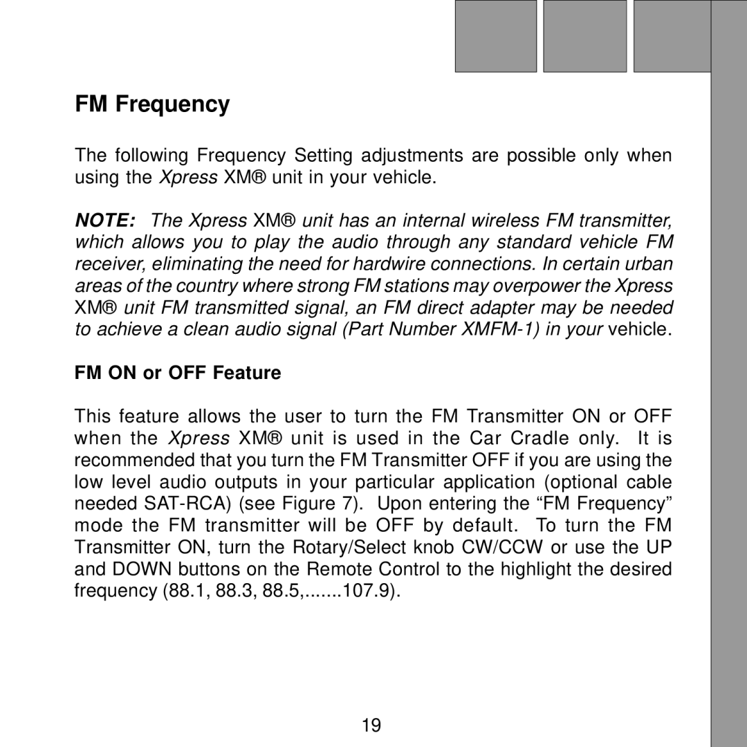 Audiovox Satellite Radio Receiver manual FM Frequency, FM on or OFF Feature 