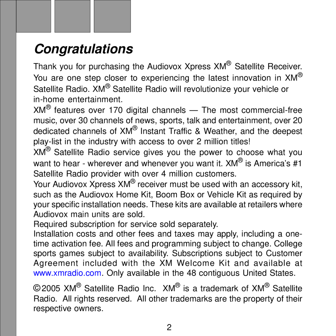 Audiovox Satellite Radio Receiver manual Congratulations 