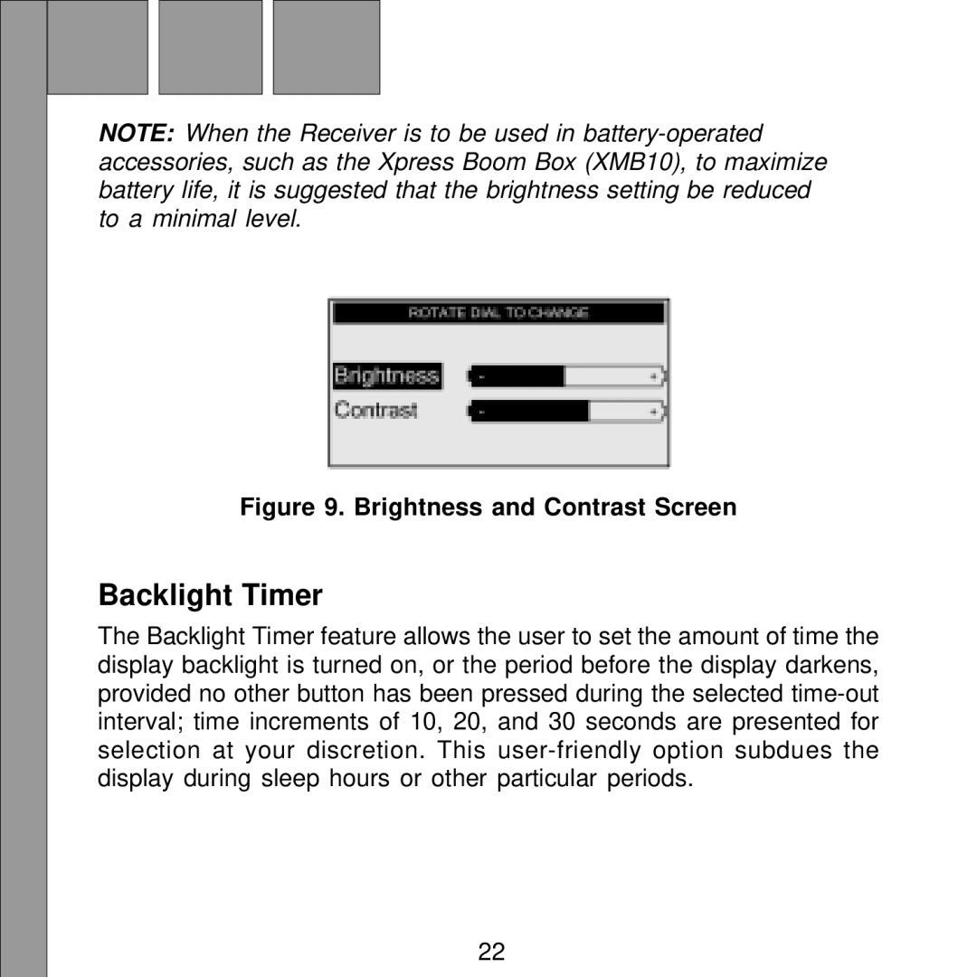 Audiovox Satellite Radio Receiver manual Backlight Timer, Brightness and Contrast Screen 