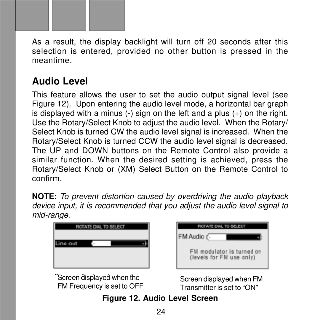 Audiovox Satellite Radio Receiver manual Audio Level Screen 