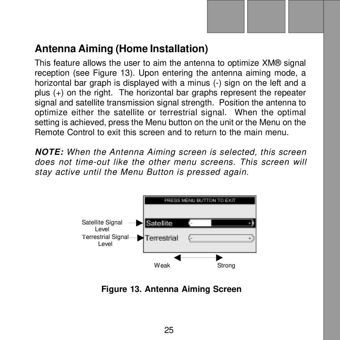 Audiovox Satellite Radio Receiver manual Antenna Aiming Home Installation, Antenna Aiming Screen 