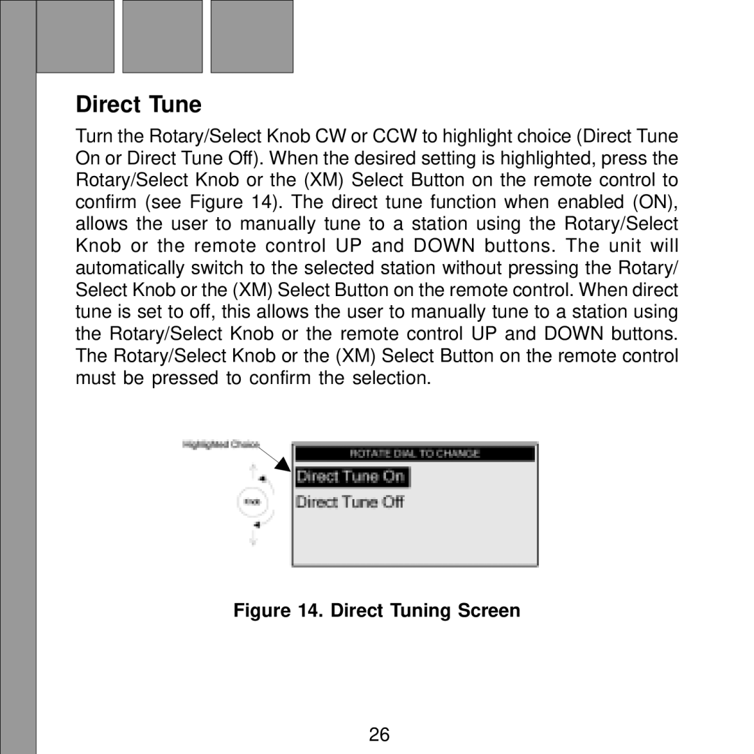 Audiovox Satellite Radio Receiver manual Direct Tune, Direct Tuning Screen 