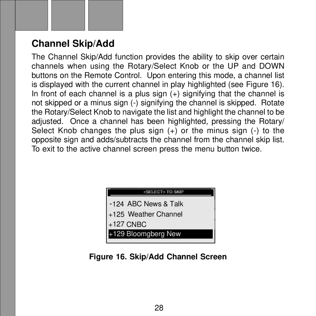 Audiovox Satellite Radio Receiver manual Channel Skip/Add, Skip/Add Channel Screen 