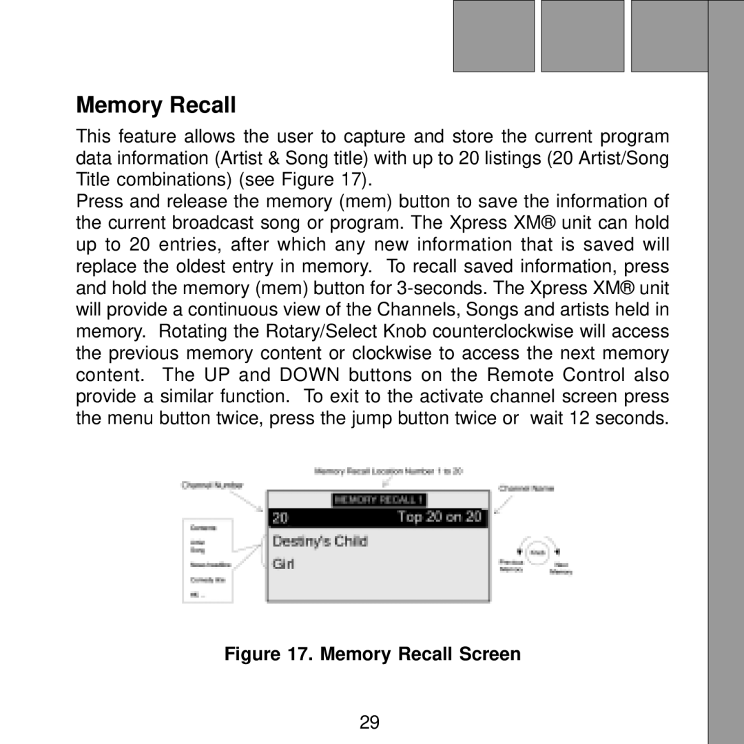 Audiovox Satellite Radio Receiver manual Memory Recall Screen 