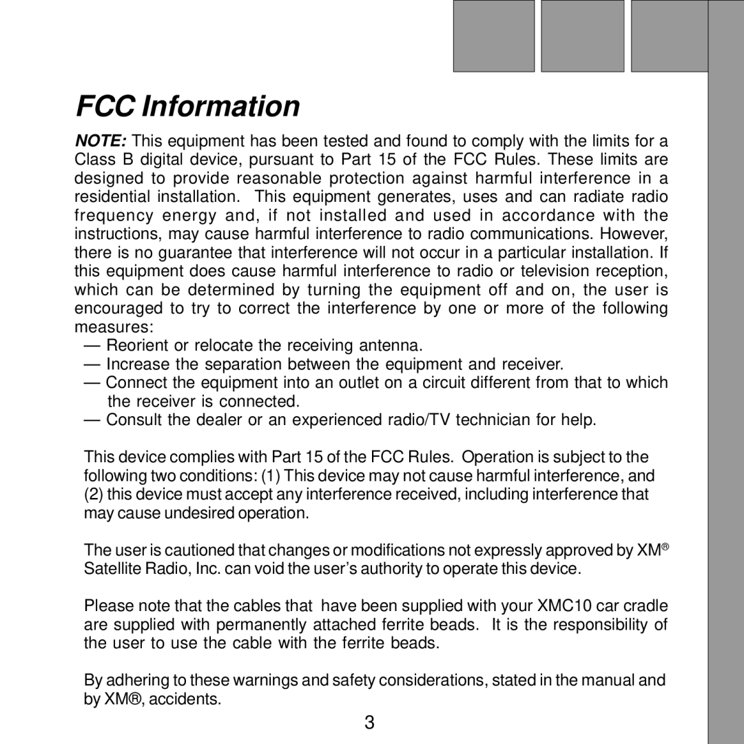 Audiovox Satellite Radio Receiver manual FCC Information 