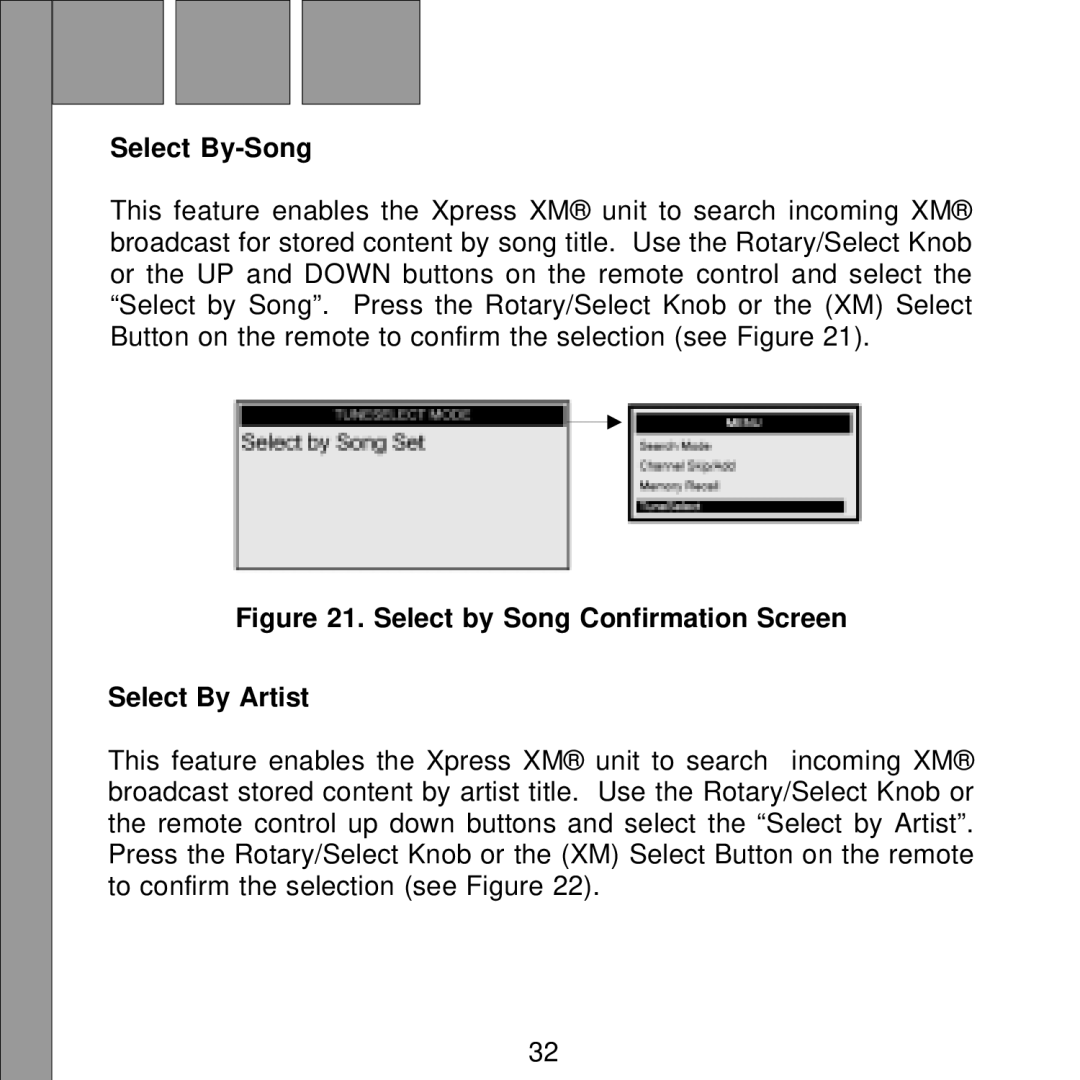 Audiovox Satellite Radio Receiver manual Select By-Song, Select by Song Confirmation Screen Select By Artist 