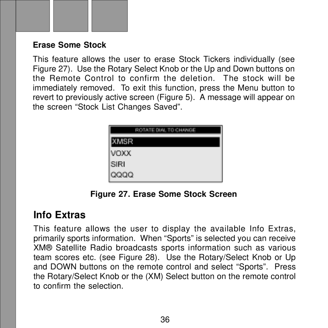 Audiovox Satellite Radio Receiver manual Info Extras, Erase Some Stock 