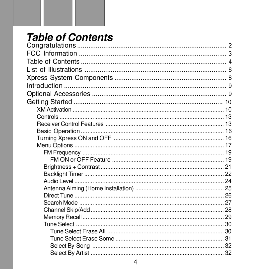 Audiovox Satellite Radio Receiver manual Table of Contents 