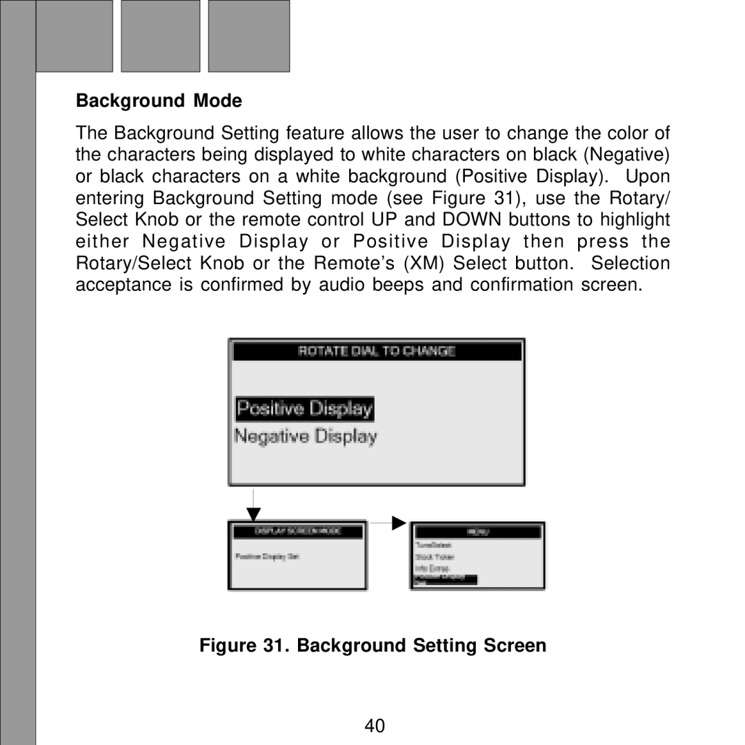 Audiovox Satellite Radio Receiver manual Background Mode, Background Setting Screen 