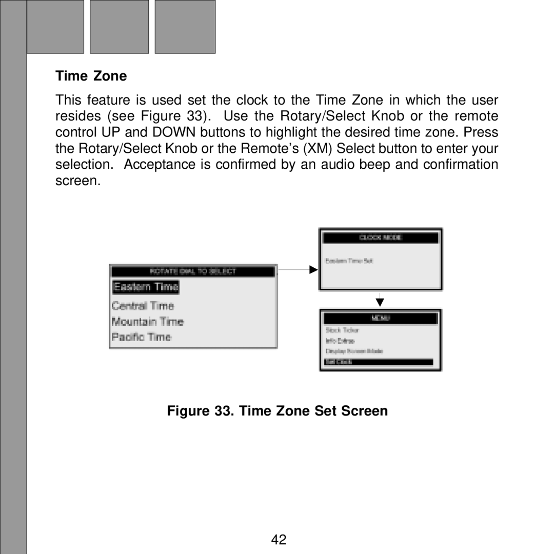 Audiovox Satellite Radio Receiver manual Time Zone Set Screen 