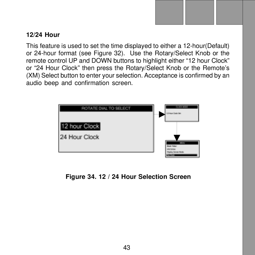 Audiovox Satellite Radio Receiver manual 12/24 Hour, Hour Selection Screen 