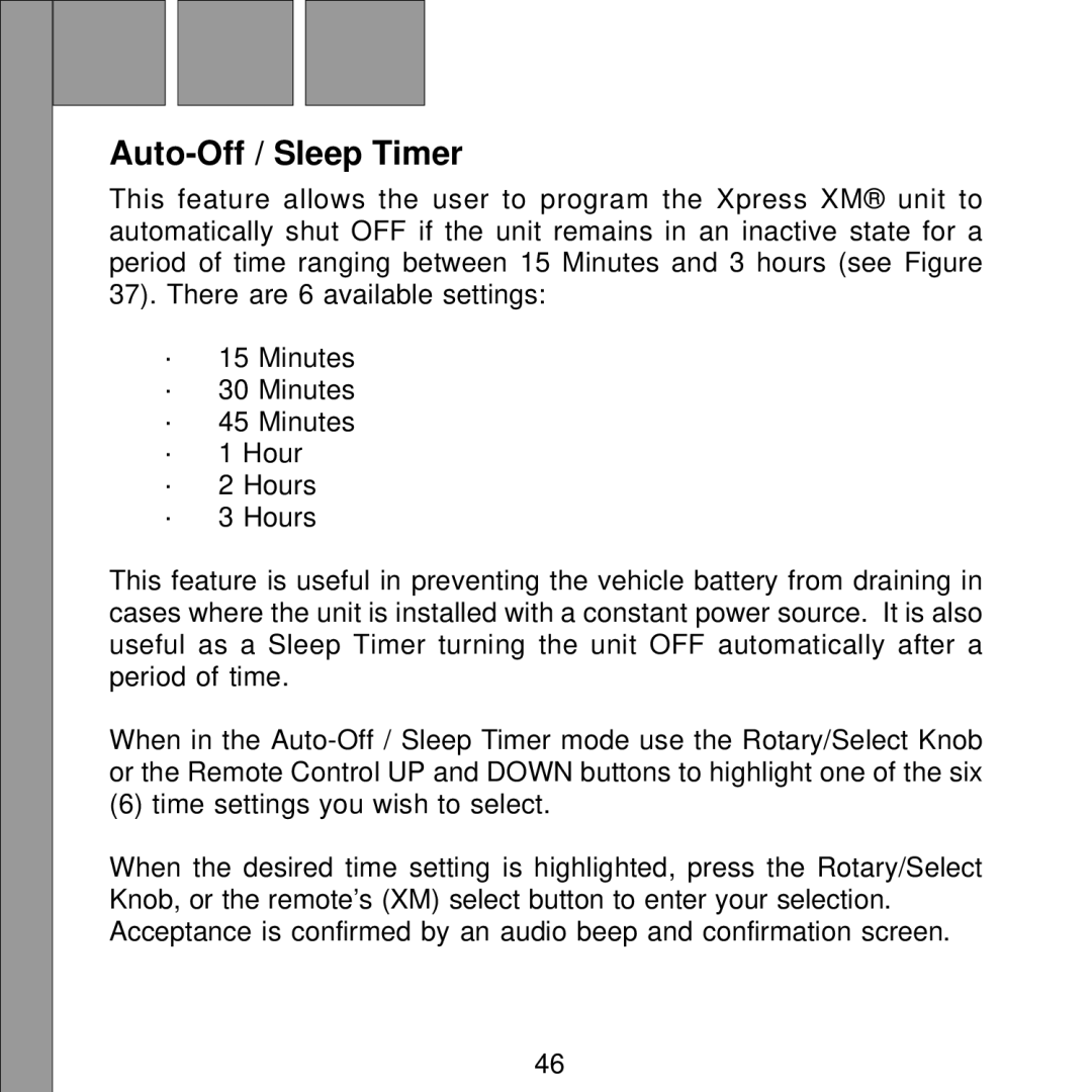 Audiovox Satellite Radio Receiver manual Auto-Off / Sleep Timer 