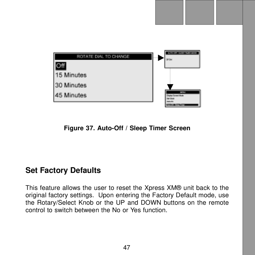 Audiovox Satellite Radio Receiver manual Set Factory Defaults, Auto-Off / Sleep Timer Screen 