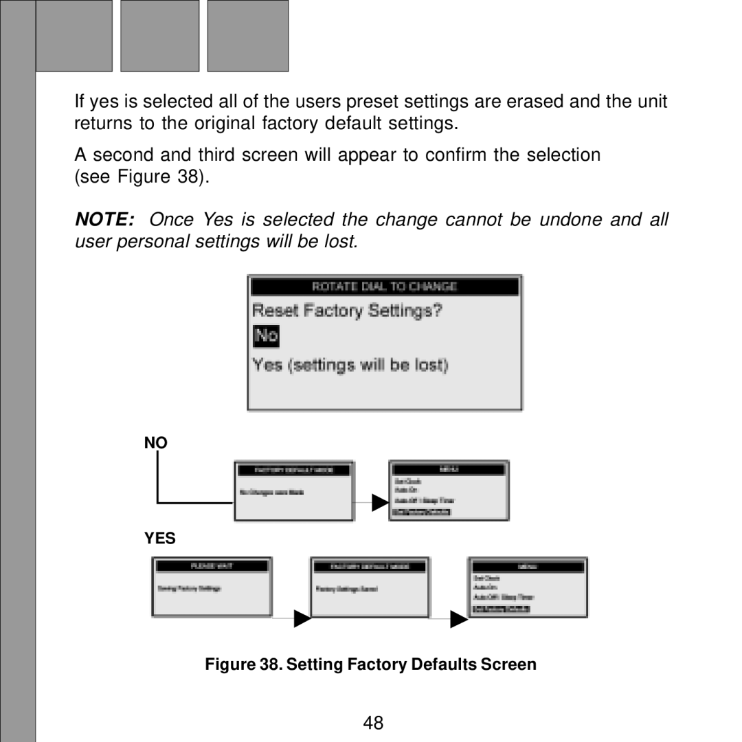 Audiovox Satellite Radio Receiver manual Setting Factory Defaults Screen 