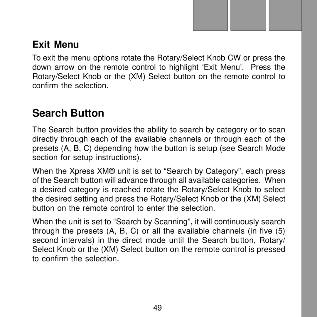 Audiovox Satellite Radio Receiver manual Search Button, Exit Menu 