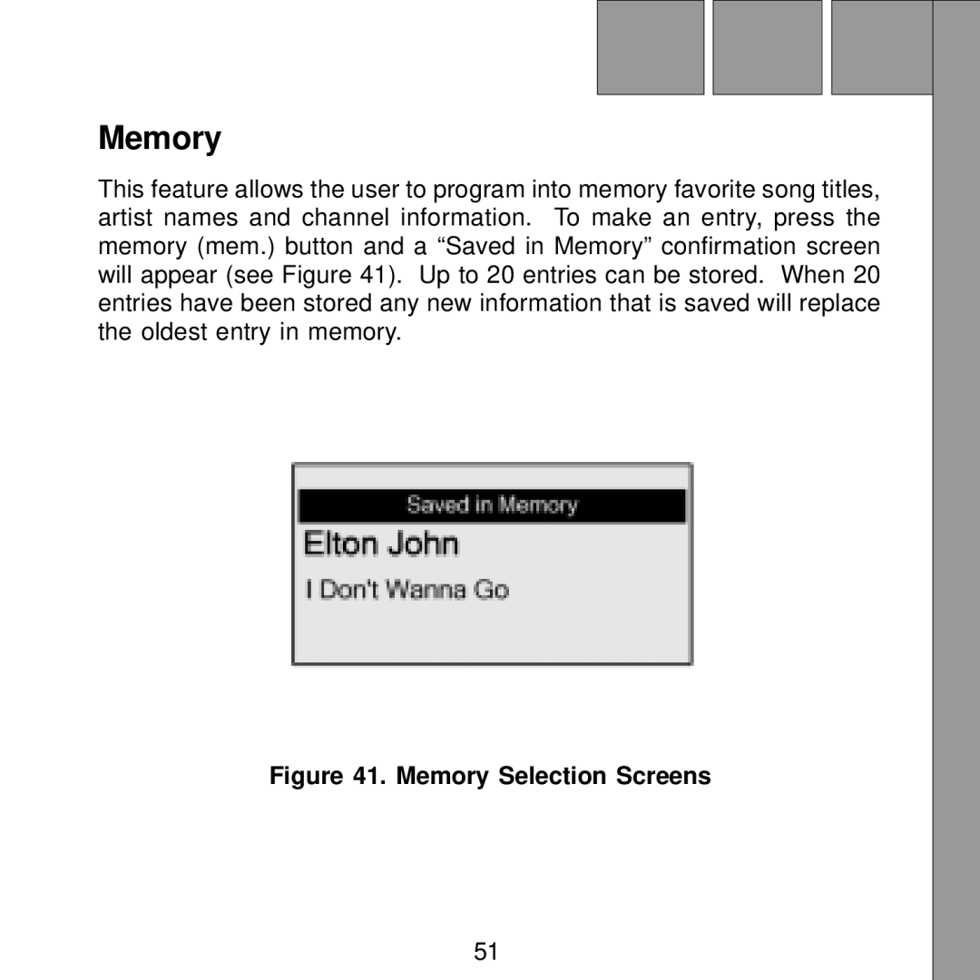 Audiovox Satellite Radio Receiver manual Memory Selection Screens 