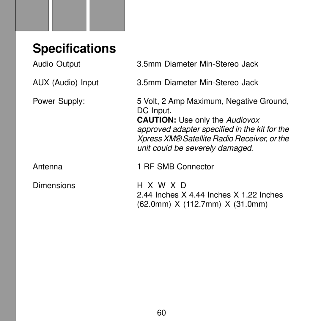 Audiovox Satellite Radio Receiver manual Specifications 