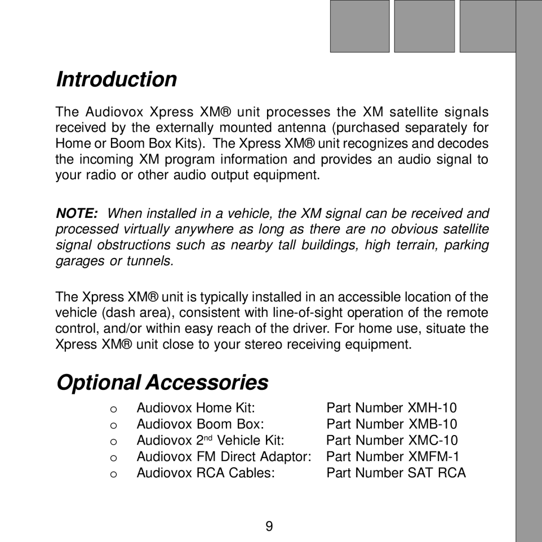 Audiovox Satellite Radio Receiver manual Introduction 