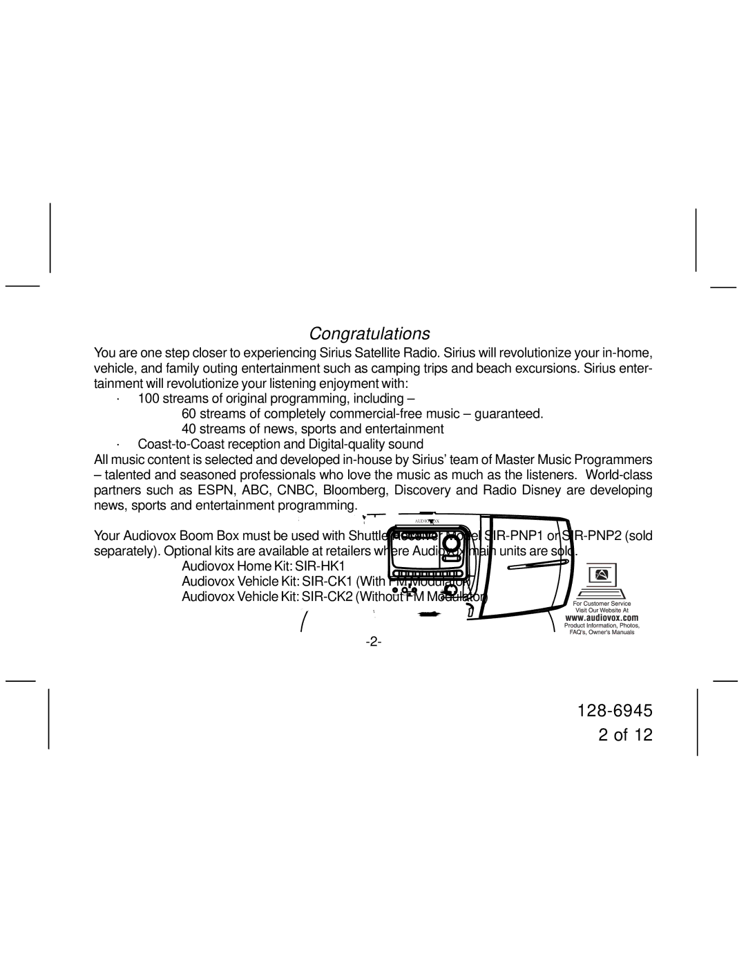 Audiovox SIR-BB1 manual Congratulations 