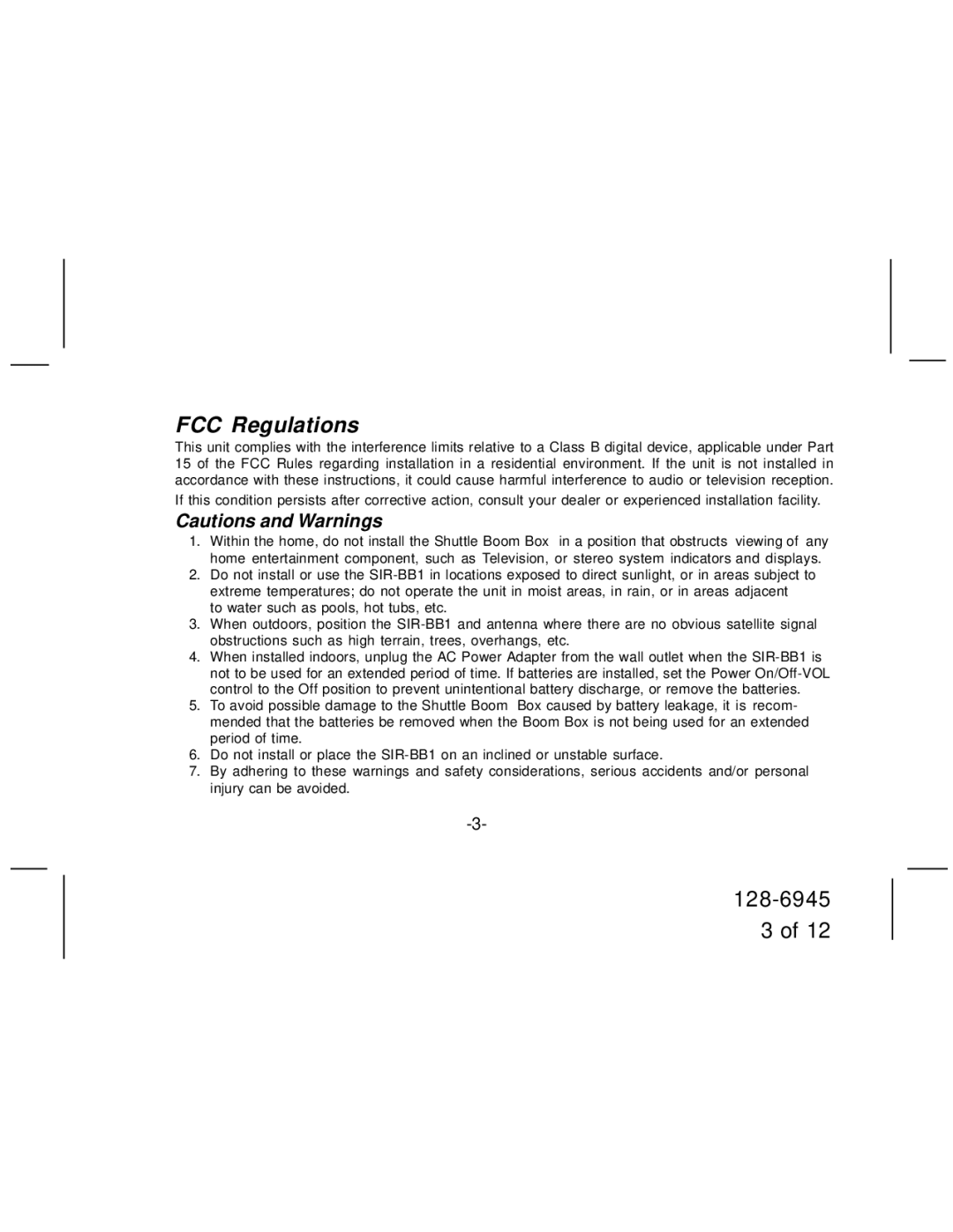 Audiovox SIR-BB1 manual FCC Regulations 