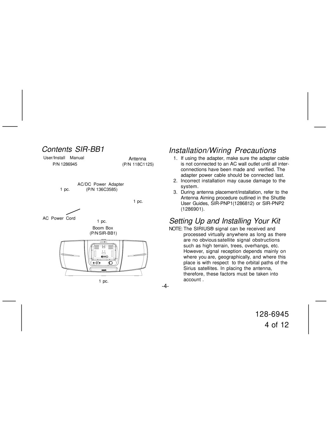 Audiovox manual Contents SIR-BB1, Installation/Wiring Precautions, Setting Up and Installing Your Kit 