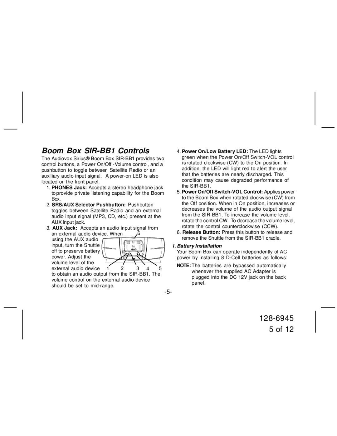 Audiovox manual Boom Box SIR-BB1 Controls, Battery Installation 