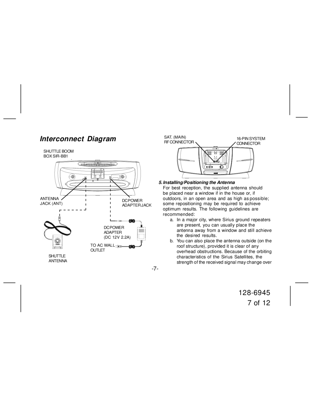 Audiovox SIR-BB1 manual Interconnect Diagram, Installing/Positioning the Antenna 