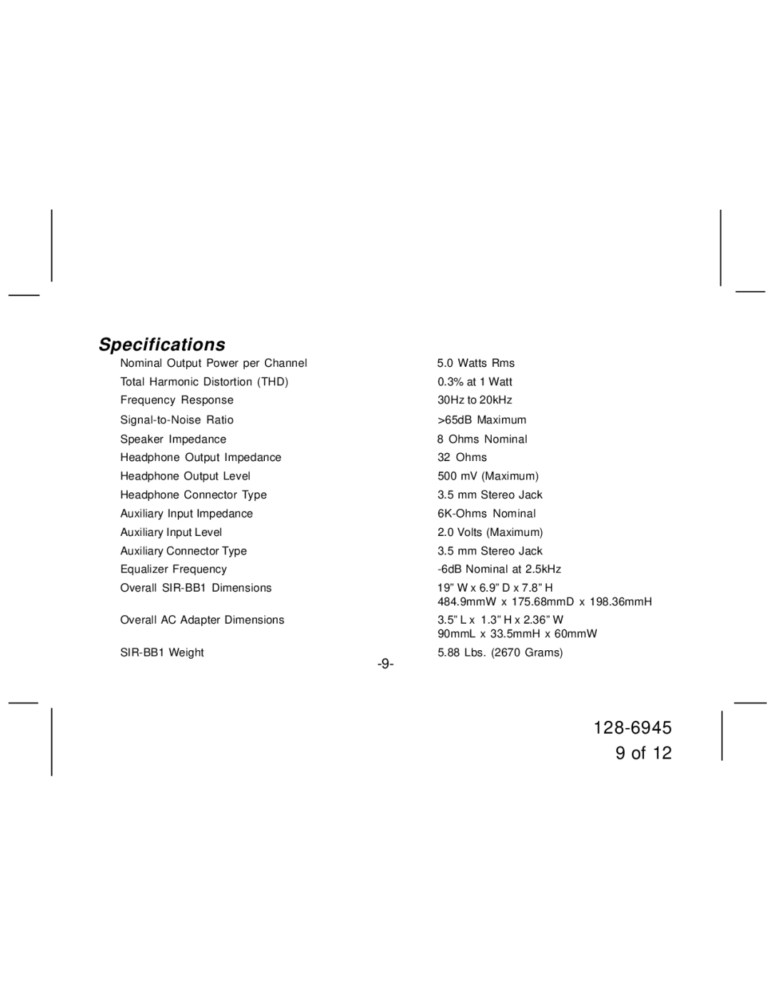 Audiovox SIR-BB1 manual Specifications 