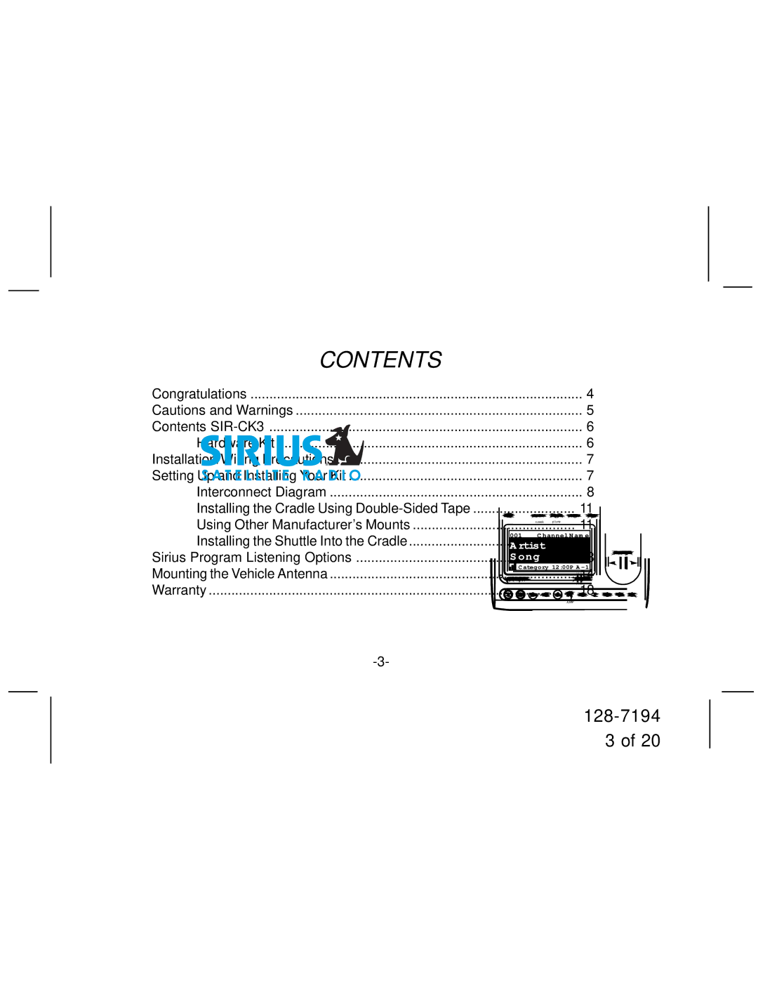 Audiovox SIR-CK3 manual Contents 