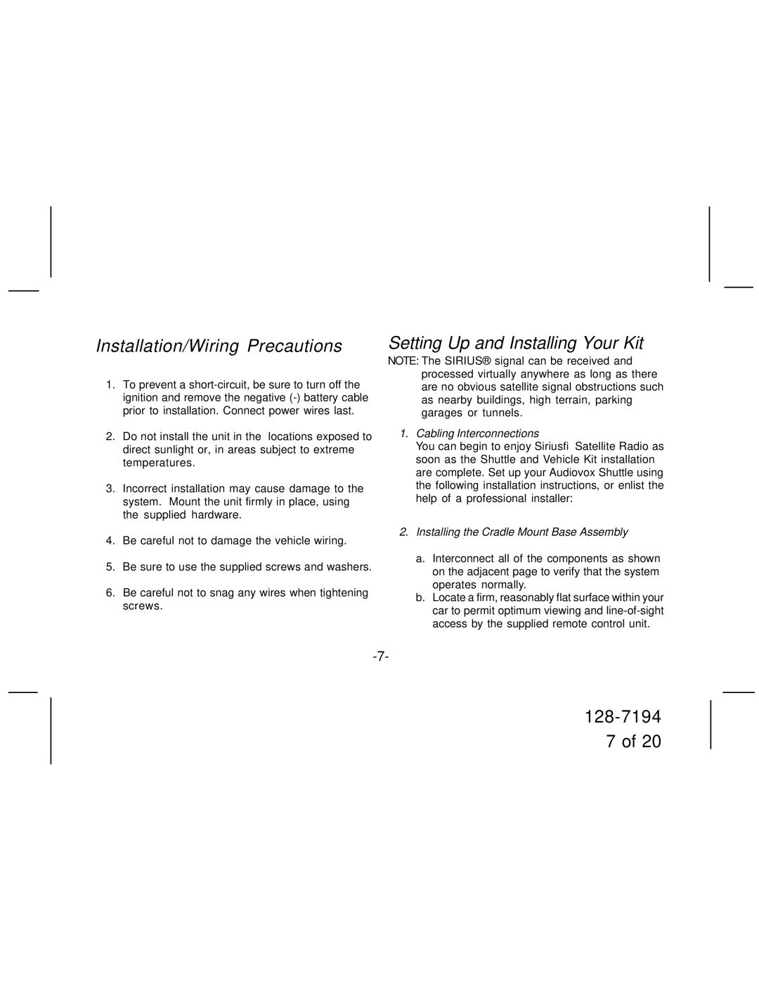 Audiovox SIR-CK3 manual Installation/Wiring Precautions, Setting Up and Installing Your Kit, Cabling Interconnections 