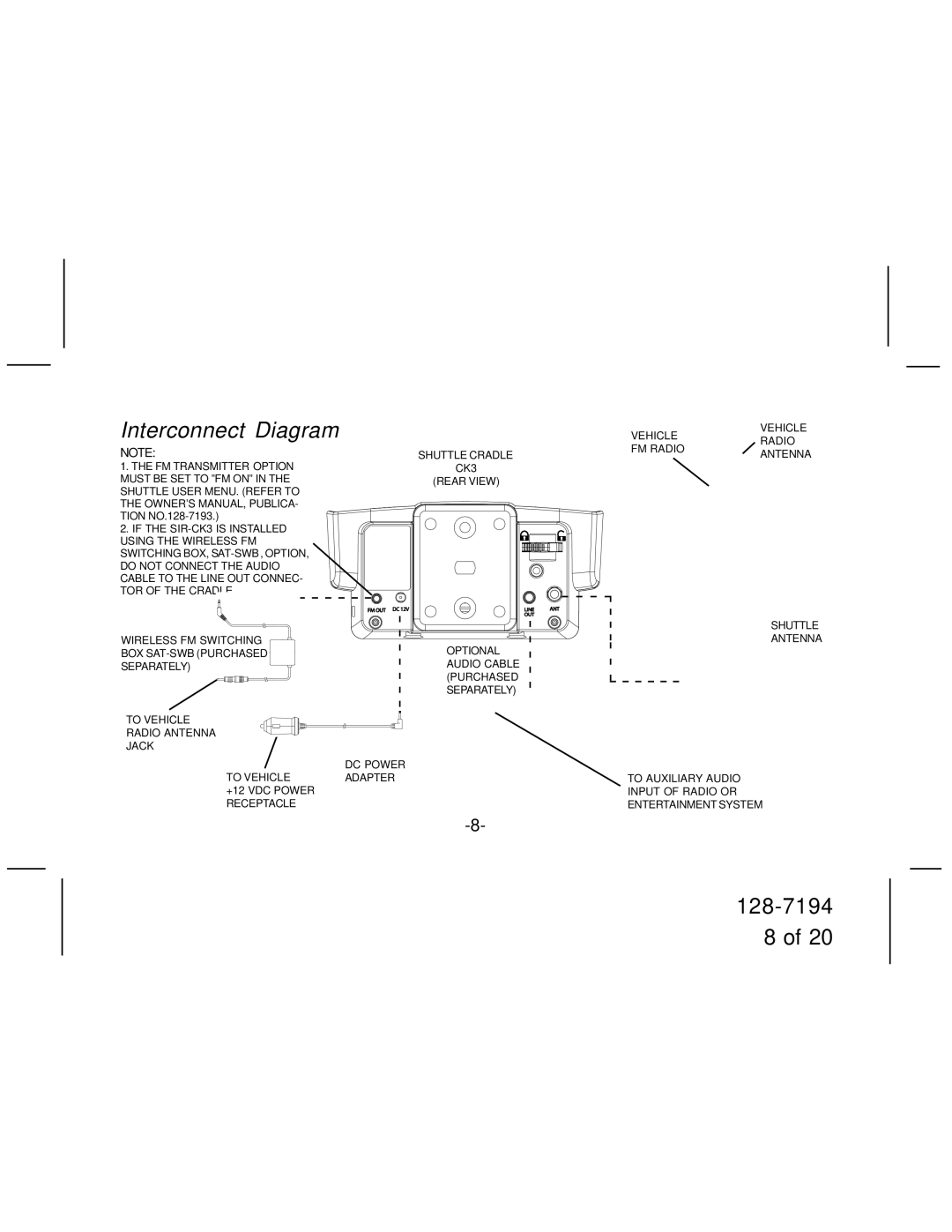 Audiovox SIR-CK3 manual Interconnect Diagram, Shuttle Cradle CK3 Rear View 