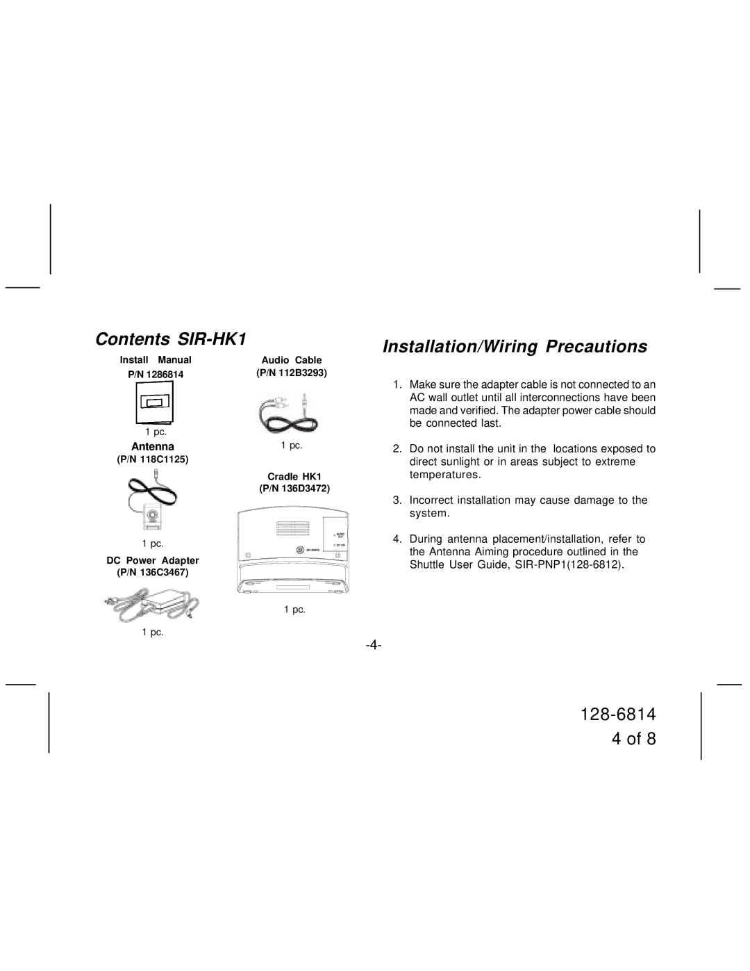 Audiovox manual Contents SIR-HK1, Installation/Wiring Precautions 