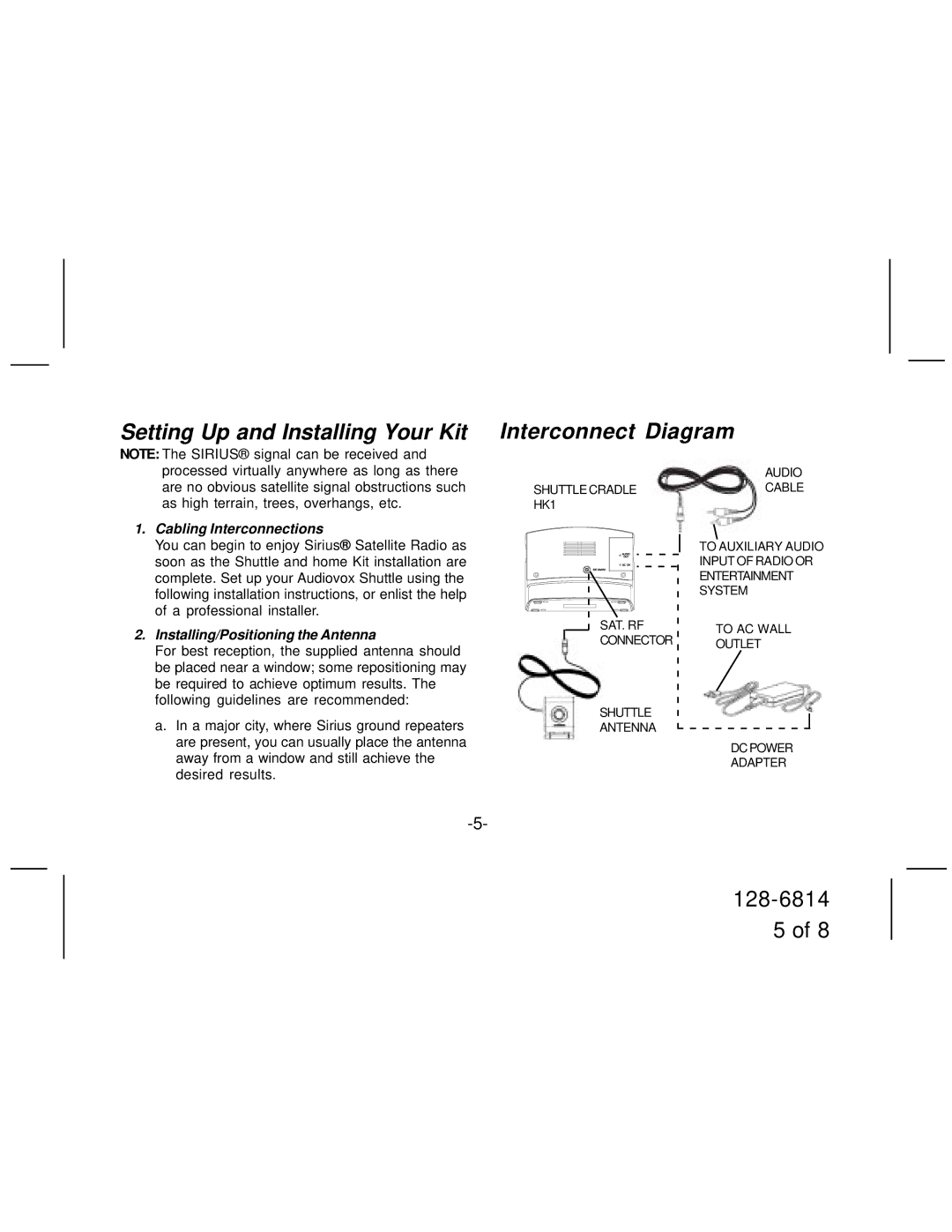 Audiovox SIR-HK1 manual Setting Up and Installing Your Kit, Interconnect Diagram, Cabling Interconnections 