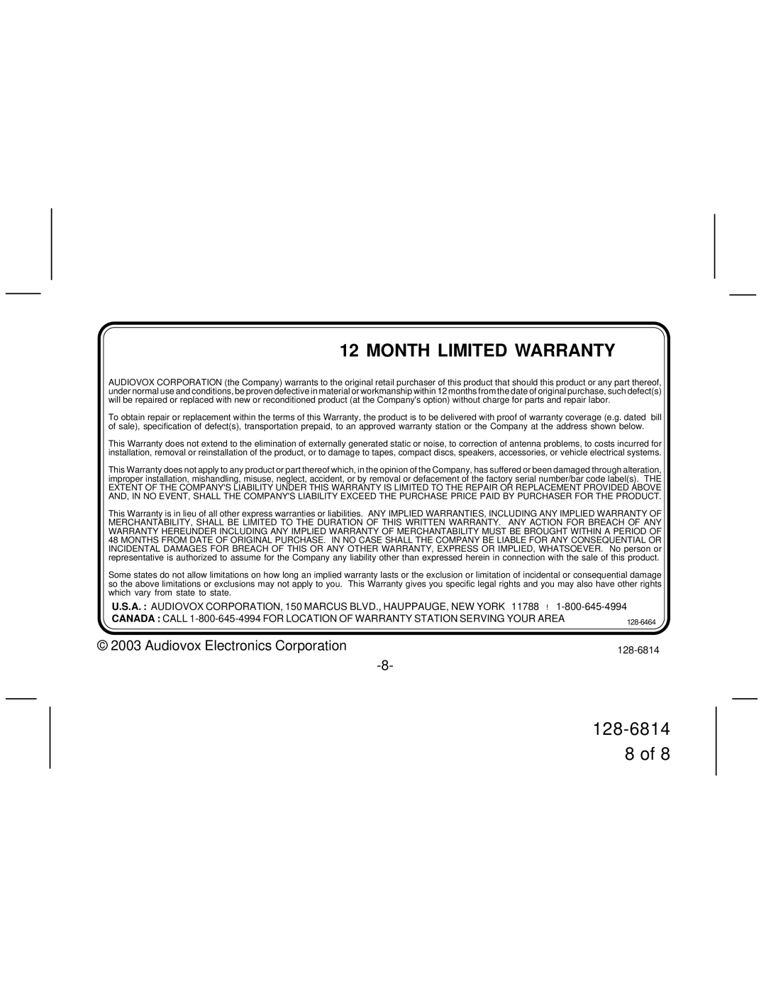 Audiovox SIR-HK1 manual Month Limited Warranty 