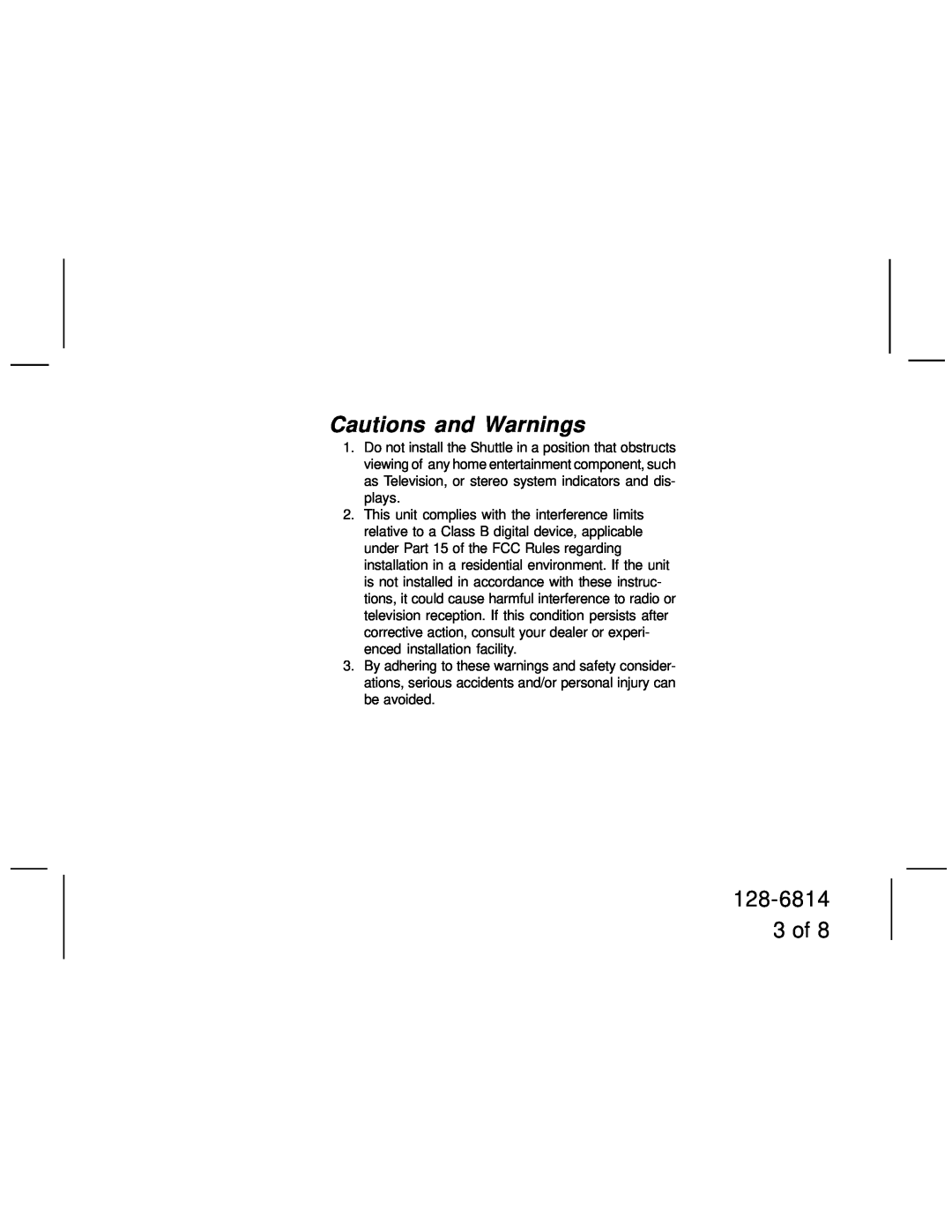Audiovox SIR-HK1 manual Cautions and Warnings, 128-6814 3 of 