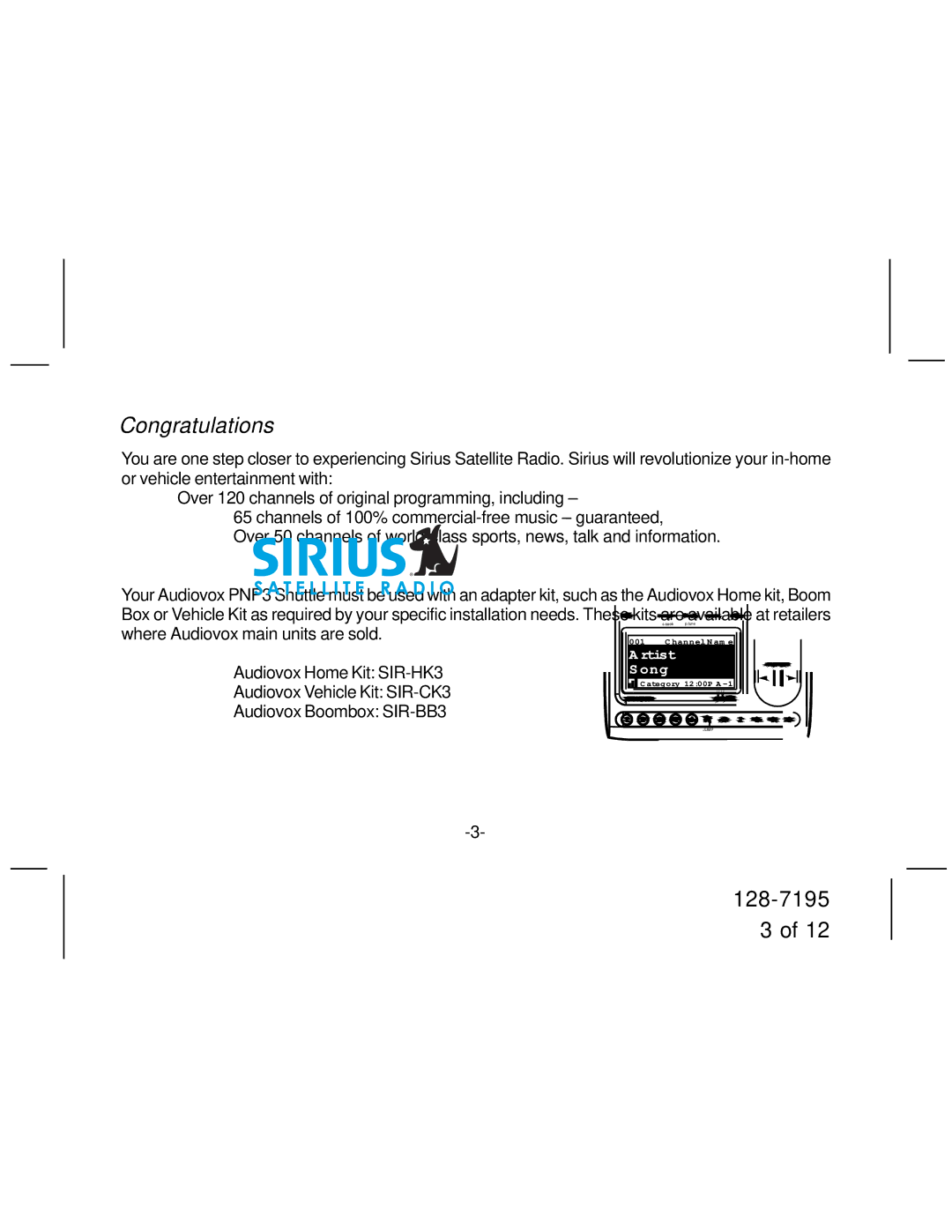 Audiovox SIR-HK3 manual Congratulations 