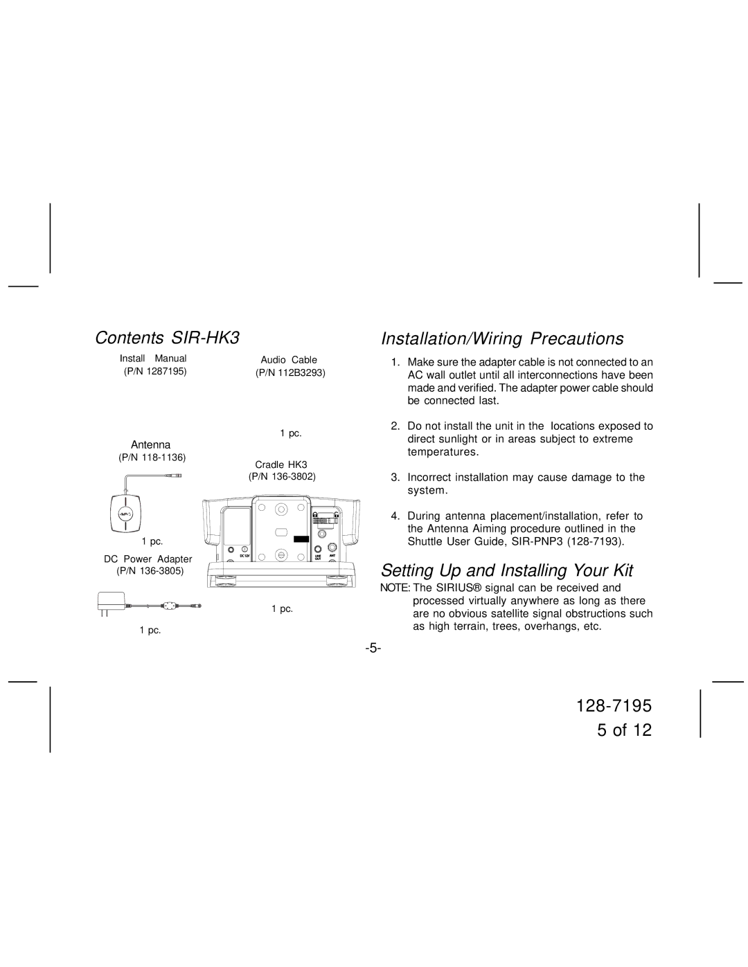 Audiovox manual Contents SIR-HK3, Installation/Wiring Precautions, Setting Up and Installing Your Kit 