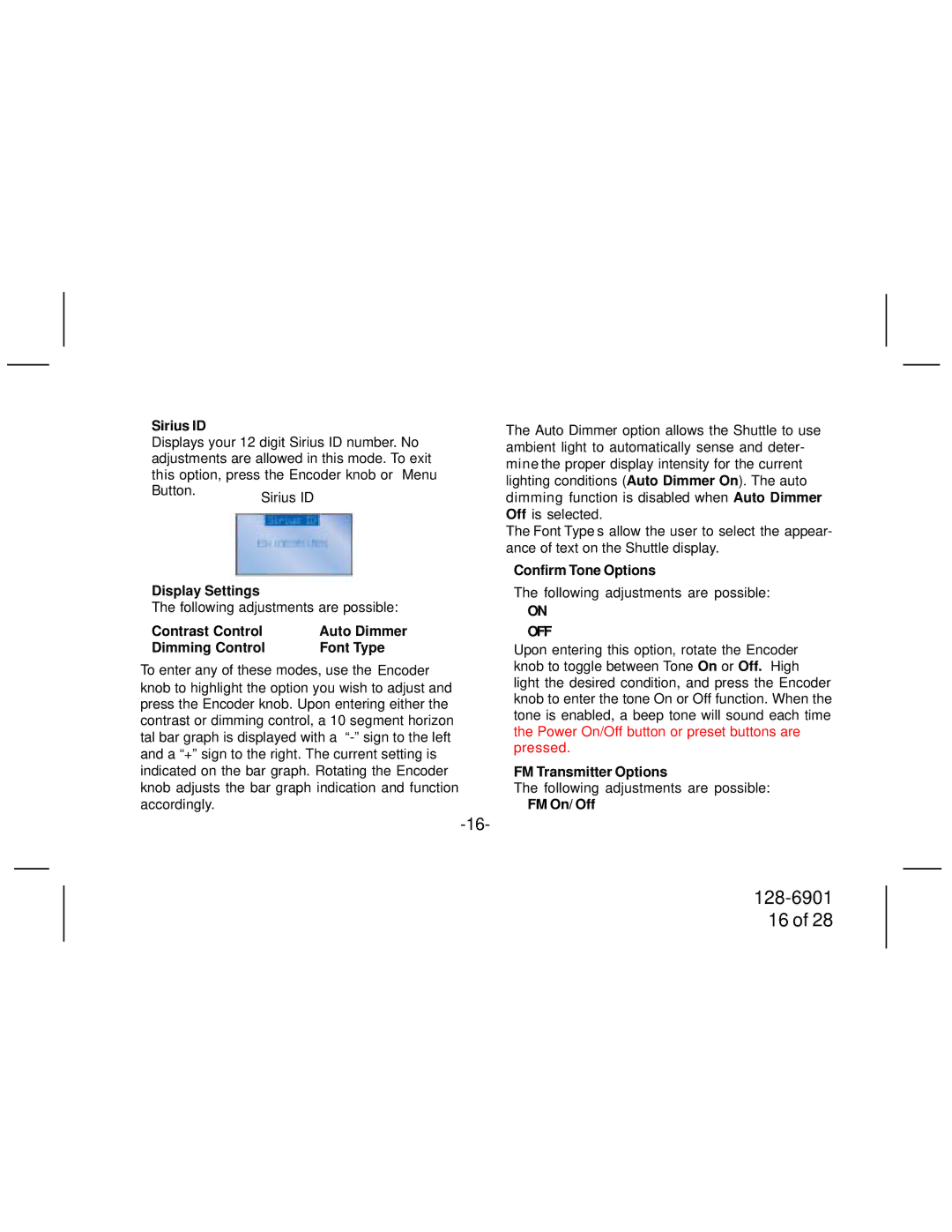 Audiovox SIR-PNP2 manual Sirius ID, Contrast Control Auto Dimmer Dimming Control Font Type, FM On/ Off 