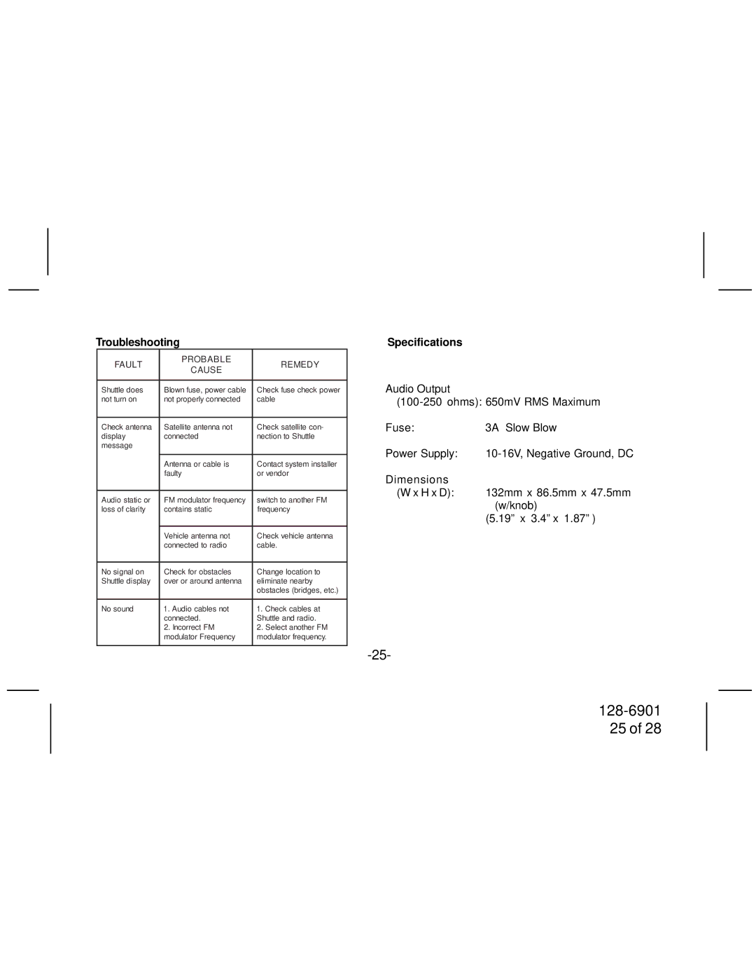 Audiovox SIR-PNP2 manual Troubleshooting, Specifications 