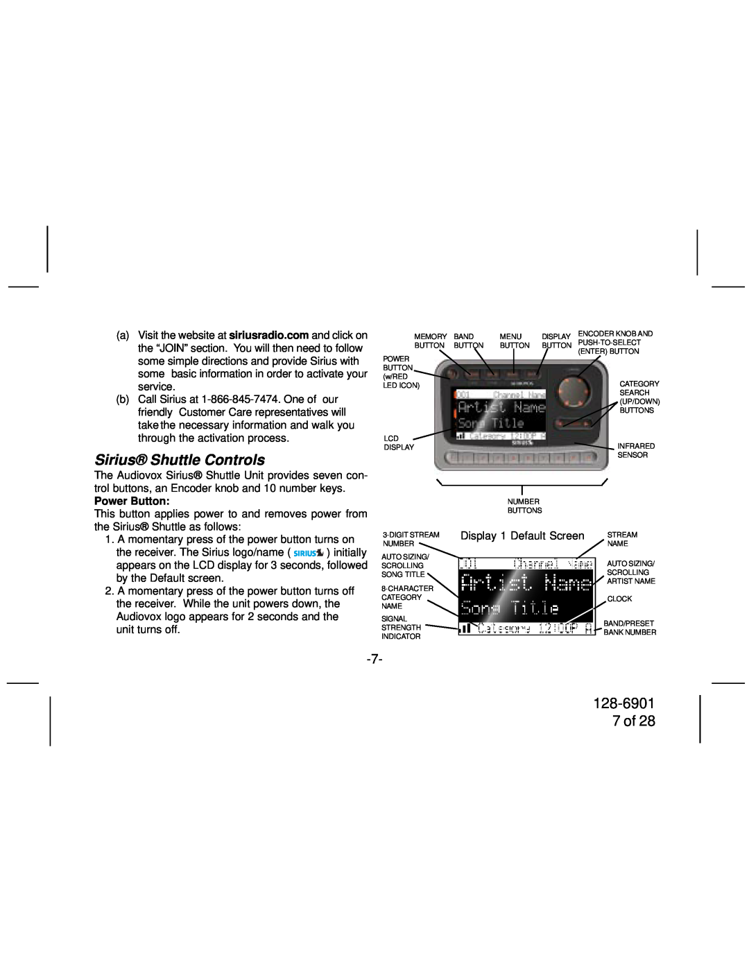 Audiovox SIR-PNP2 manual Sirius Shuttle Controls, 128-6901 7 of, Power Button 