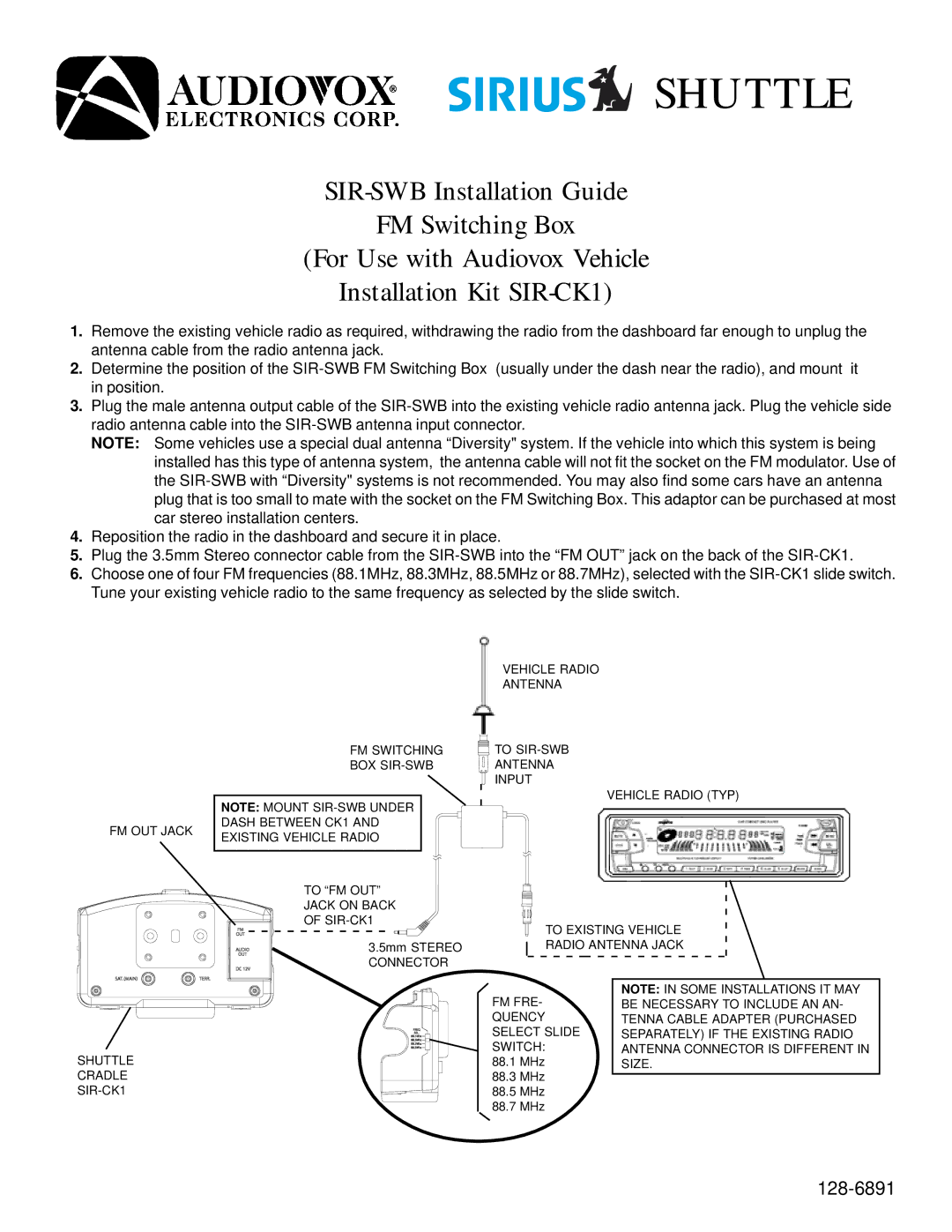 Audiovox SIR-SWB manual Shuttle 