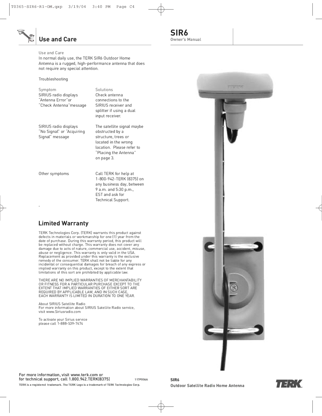 Audiovox SIR6 warranty Use and Care, Limited Warranty, Symptom Solutions 