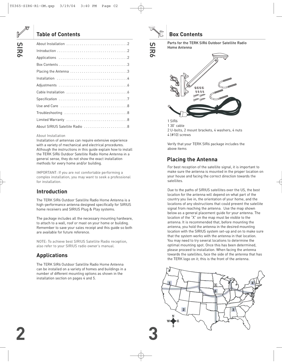 Audiovox SIR6 warranty Table of Contents, Introduction, Applications, Box Contents, Placing the Antenna 