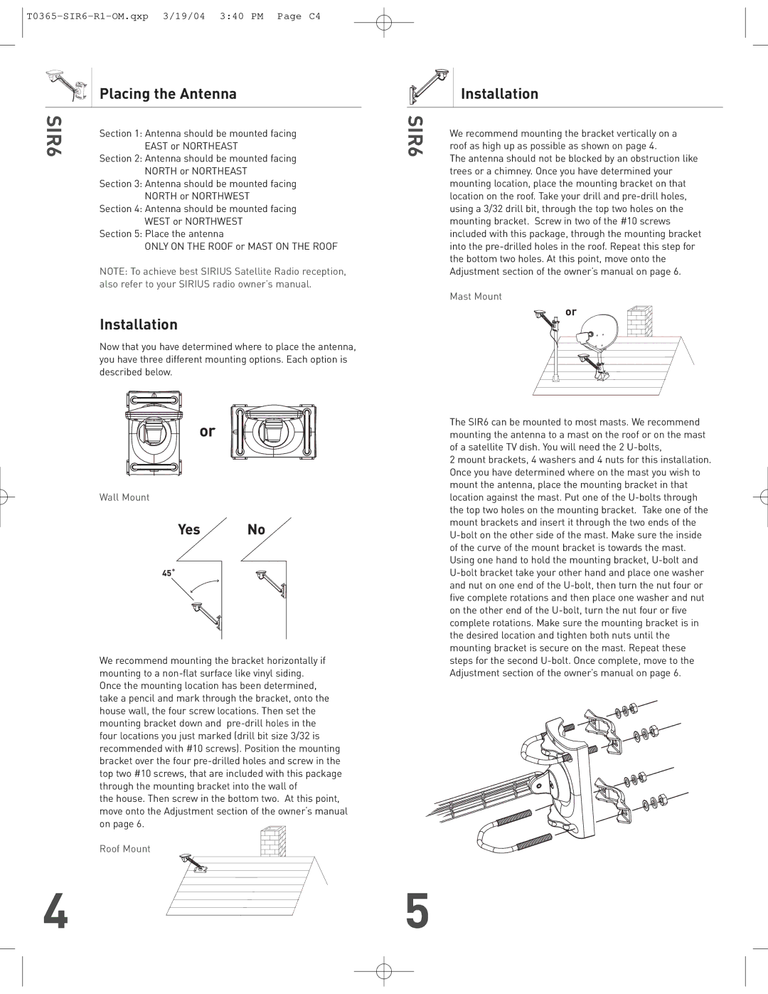 Audiovox SIR6 warranty Installation, Wall Mount, Roof Mount, Mast Mount 