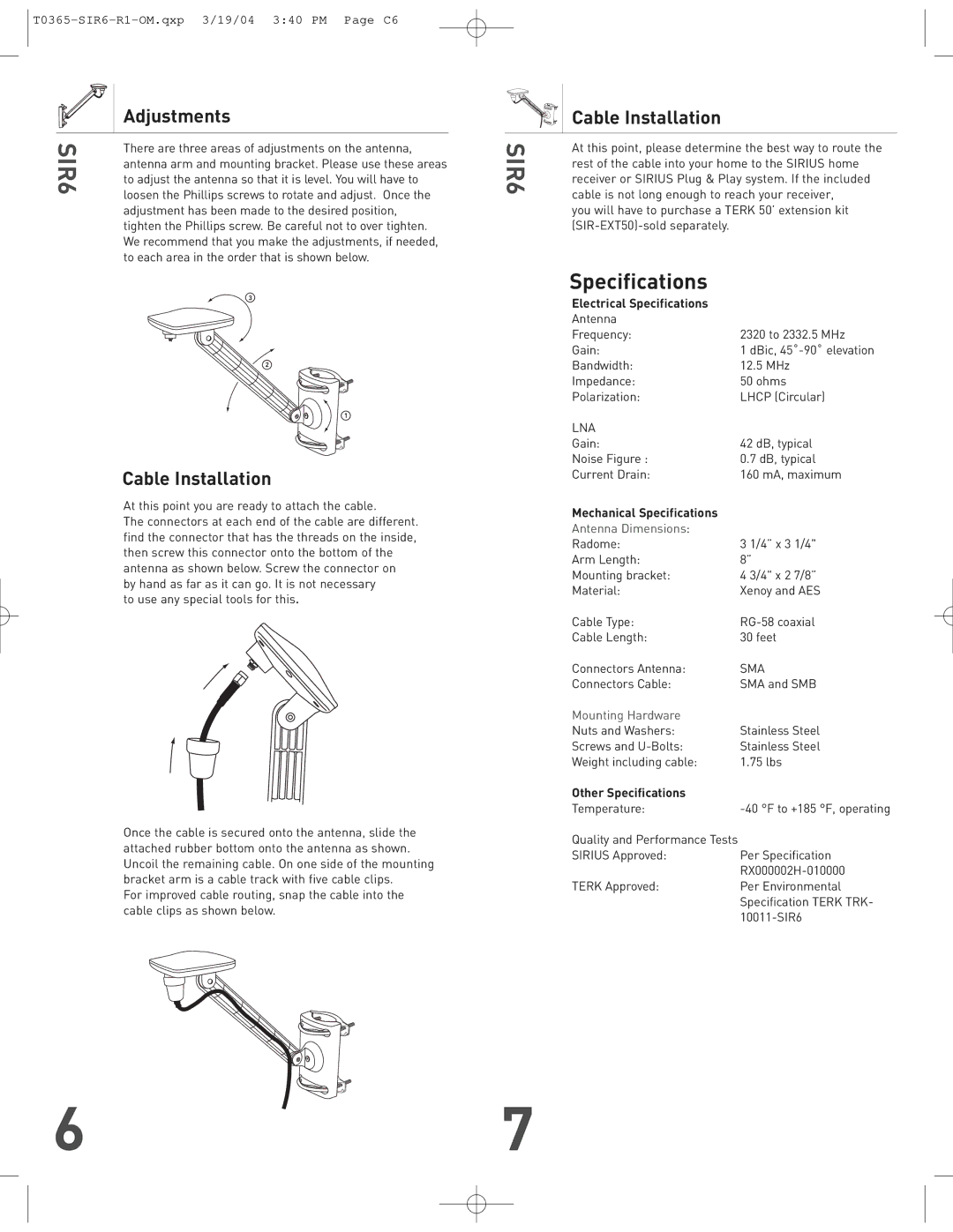 Audiovox SIR6 warranty Adjustments, Cable Installation, Antenna Dimensions, Mounting Hardware 